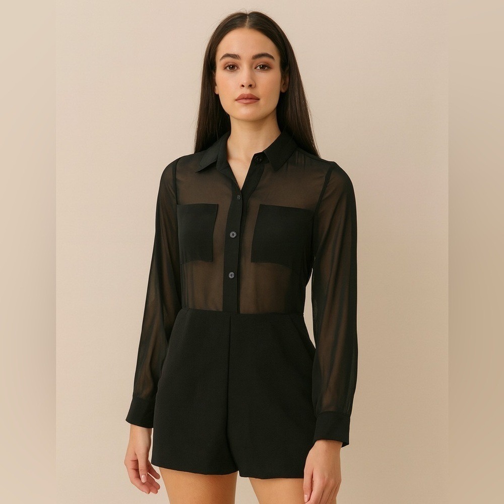 BCBGeneration Sheer Black Long Sleeve Button-Up Romper Size 2